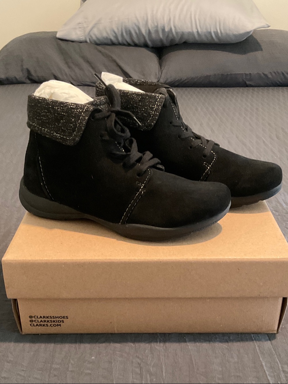Clarks Black Lace-Up Folded Cuff Ankle Booties